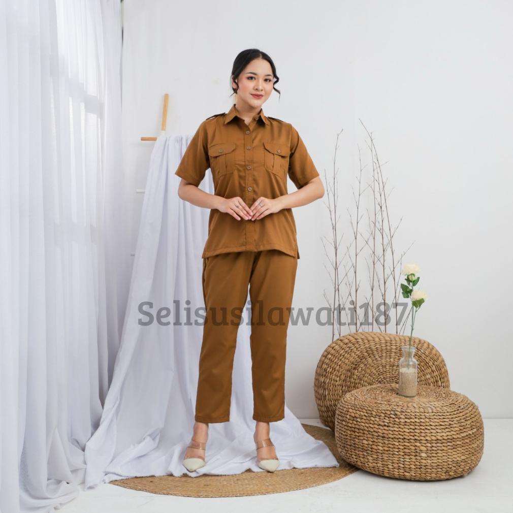 Awet Seragam Khaki Pns Wanita Baju Dinas Pemda Kemeja Saku Dada  Lengan Pendek