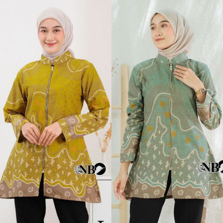 Saless Blouse Batik Wanita Zipper Semi Tunik - Atasan Batik Wanita Kantor - Baju Batik Wanita Zipper