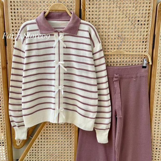 DR309 >> Oneset Abel Sweater Rajut Motif Pita Stripe Setelan Celana Kulot Wanita Premium Lengan Panj