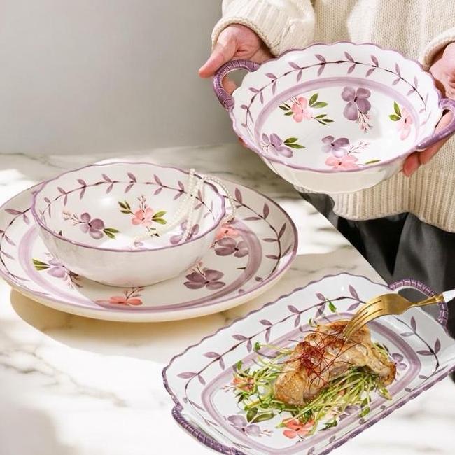 Piring Keramik Fiola Piring Mangkok Keramik Besar Motif Bunga Ungu Lilac Pule Piring Makan Mangkok L