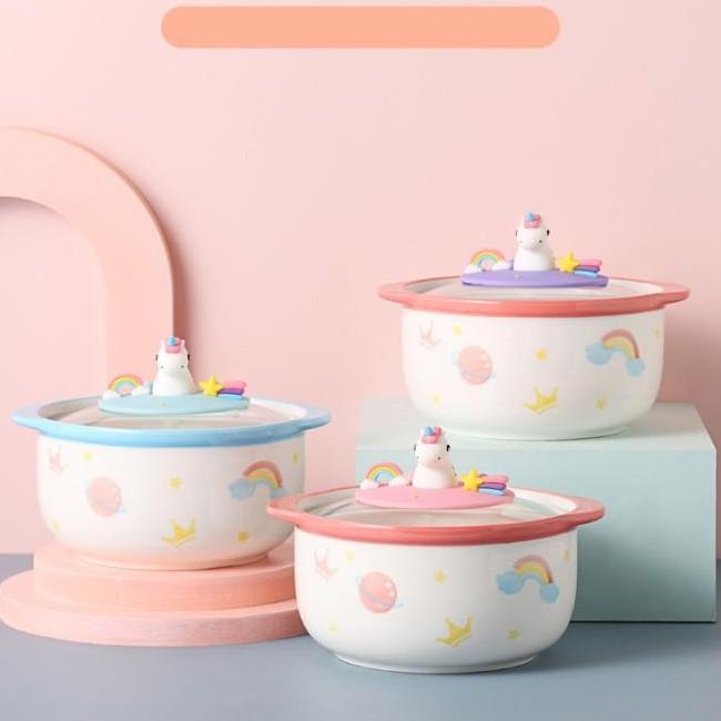 Mangkok Saji Unicorn Keramik Tutup Kaca El Panci Mangkuk Sup Lucu
