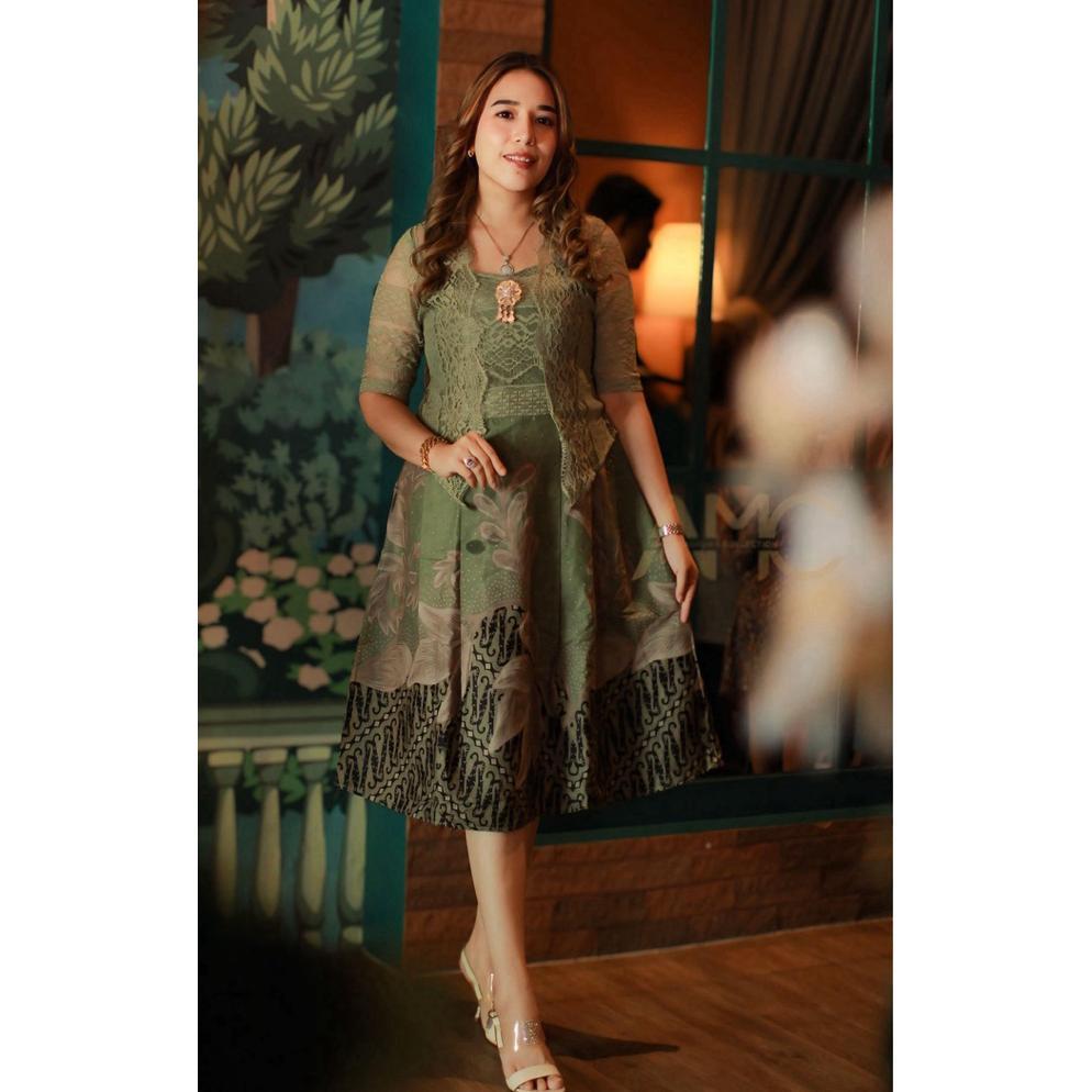 HABISIN STOK Theresia - Dres Batik Wanita // Dres Batik Mix Brokat// Dres Batik Pesta Wanita By AMC 