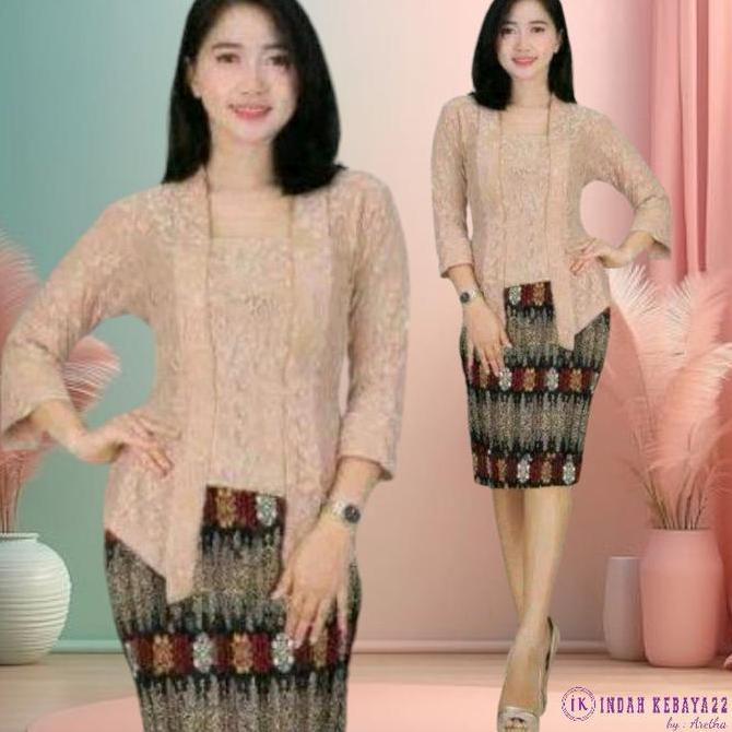 BL133 ~ Setelan Kebaya Kutubaru Brokat Modern Elegan Wanita Rok Plisket Batik Pendek Katun Silk Baju