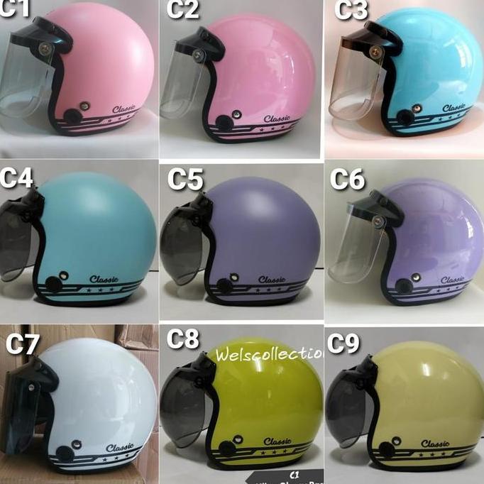 Hlm Helem Bogo Retro Dewasa Helm Classic Kaca Datar Silver Pelangi