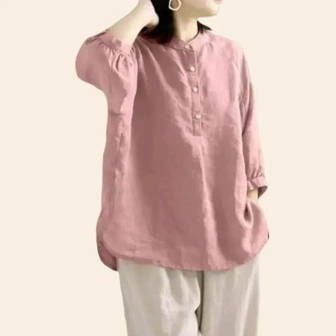 Iyakirim- Blouse Wanita Jumbo Katun Linen Rami Kerah Shanghai Kemeja Lengan 3/4 Baju  Atasan Linen O