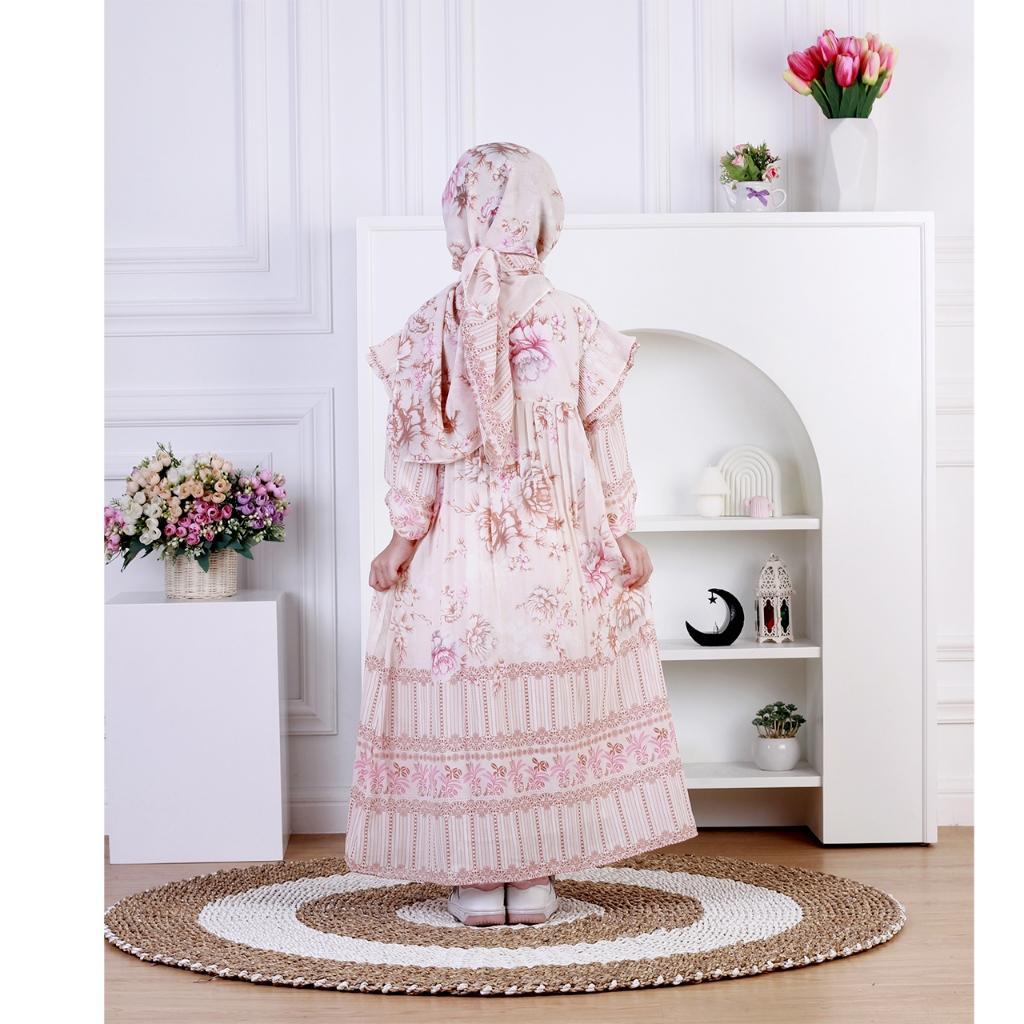 Dungdungkids Gamis Anak Vanesha Ceruty Motif Bunga Plisket Free Jilbab Segi Empat 5 - 11 Tahun