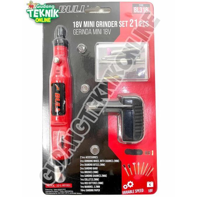 CARDIENAL BULL Mini Die Grinder Set 21pcs 18V BULL BL318 BLISTER / Alat Gerinda Bor Tuner Mini Kecil