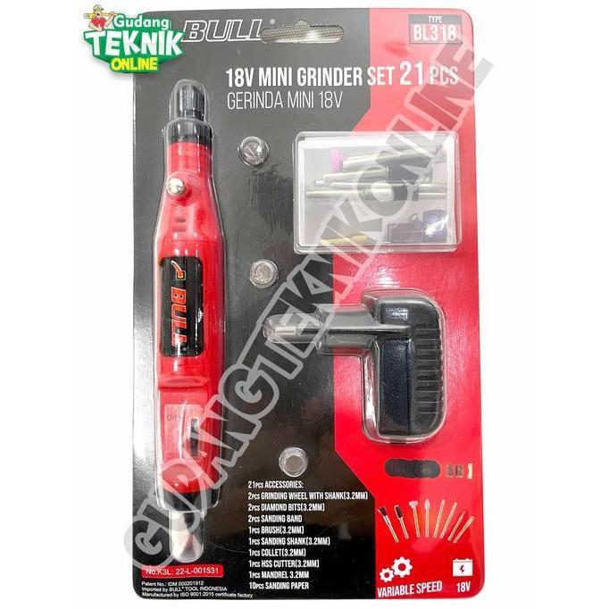 PAPANDAYAN BULL Mini Die Grinder Set 21pcs 18V BULL BL318 BLISTER / Alat Gerinda Bor Tuner Mini Keci