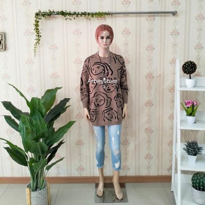 Sweater Rajut / Atasan Jumbo Knit Import motif wajah PL