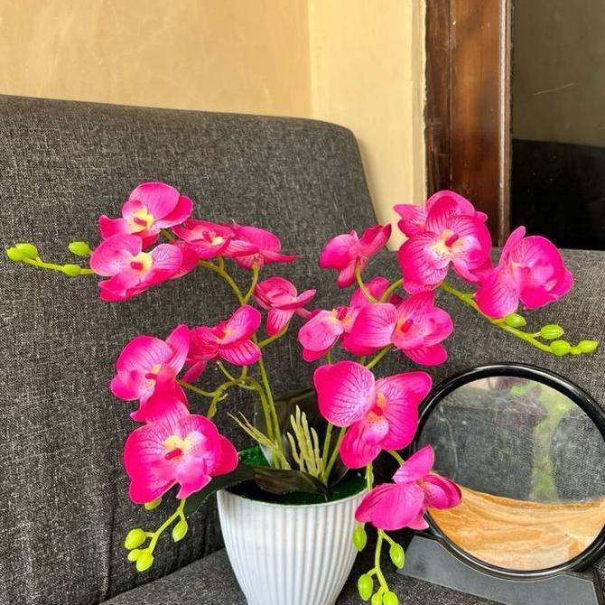Kantowi- Bunga Hias Anggrek Kain 4 Cabang Vas Kerang Dekorasi Pot Plastik Diameter 13 Cm Tinggi 25-3
