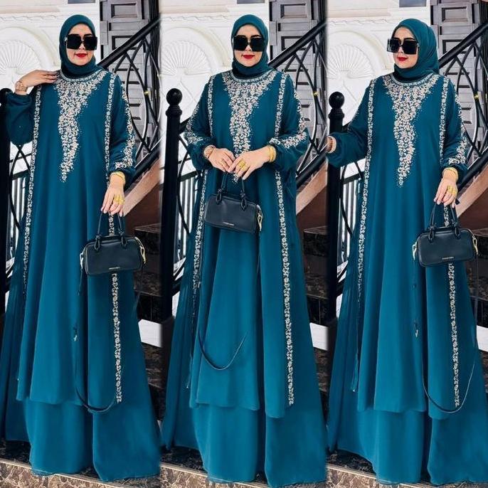 Zifa Fashion || Cod || Dewi Dress Set Hijab Segi4 || Gamis Set Cruty Bordir Aksen Payet Tabur Mewah 