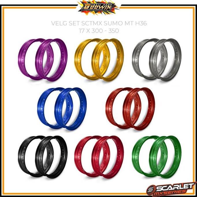 VELG SCARLET SUPERMOTO SET DEPAN BELAKANG RING 17 X 250 300 350 425 HOLE 36 MT SERIES RING 17 18 X 1