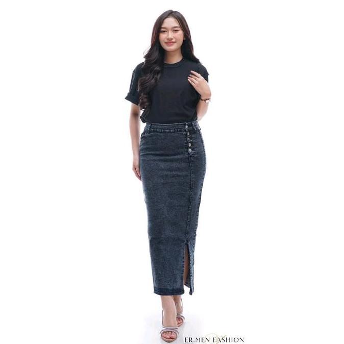 Willply Rok Jeans Panjang Wanita Jumbo / Rok Jeans Span Wanita Kancing 5 Model Belah Depan / Rok Den