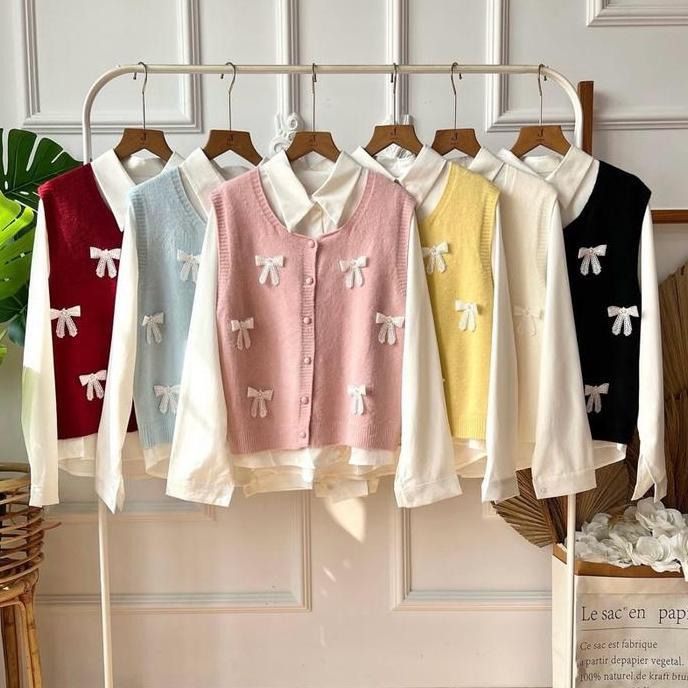 One Set Rajut Vest Pita Plus Kemeja Model Korea Atasan Baju Wanita Cardigan Dewasa