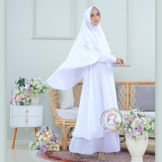 Murah Raisma - Mafaza Gamis Syar'i Putih Set Khimar Yulita Bahan Ceruti Babydoll Baju Umroh Haji Mus