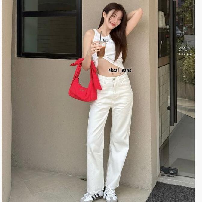 Willply Celana Kulot Jeans Wanita Highwaist Warna Putih Broken White