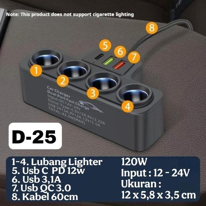 DV58 >> Car Socket Lighter USB Fast Charger Extension Socket Lighter Mobil 120W