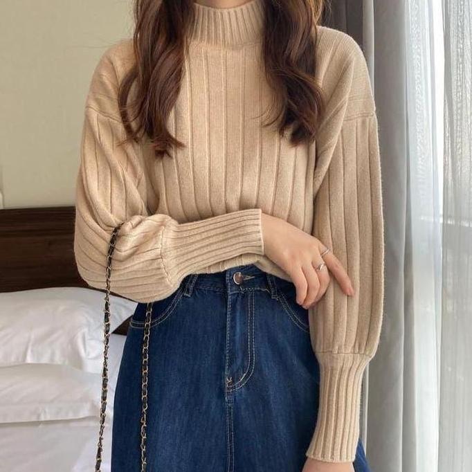 TELLY 074 Atasan Baju Rajut Wanita Style Blouse Turtleneck Lengan Balon Halus Tebal Premium Realpict
