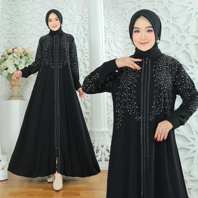 Murah Gamis Abaya  Hitam mix motte  Mewah bahan Jetblack Wolfis Terbaru  Dress Wanita Muslim Arab Si