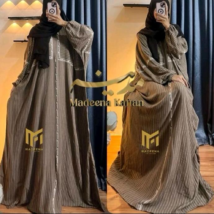 Murah Madeena Kaftan Motif Salur Gamis Abaya Mewah Wanita Muslimah Dress Panjang Remaja Dewasa Bahan