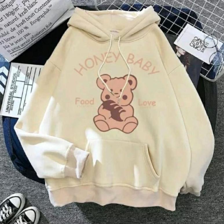 CUCI GUDANG COD Sweater Hoodie Atasan Wanita Atau Remaja Kekinian HONEY BABY BEAR Size L-XL-XXL