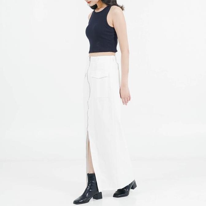 Enzy Storia X This Is April Rok Panjang Wanita Stylish Modern ES Chara Zipper Skirt White & Brown (T