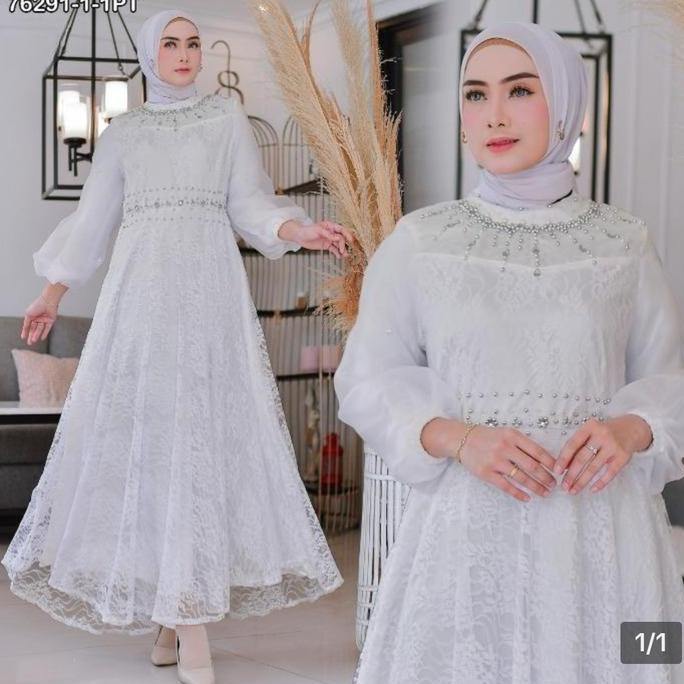 Gamis Brokat Putih Kombinasi Organza Mutiara 76291 1 Baju Muslim Wanita Mewah Kondangan Formal