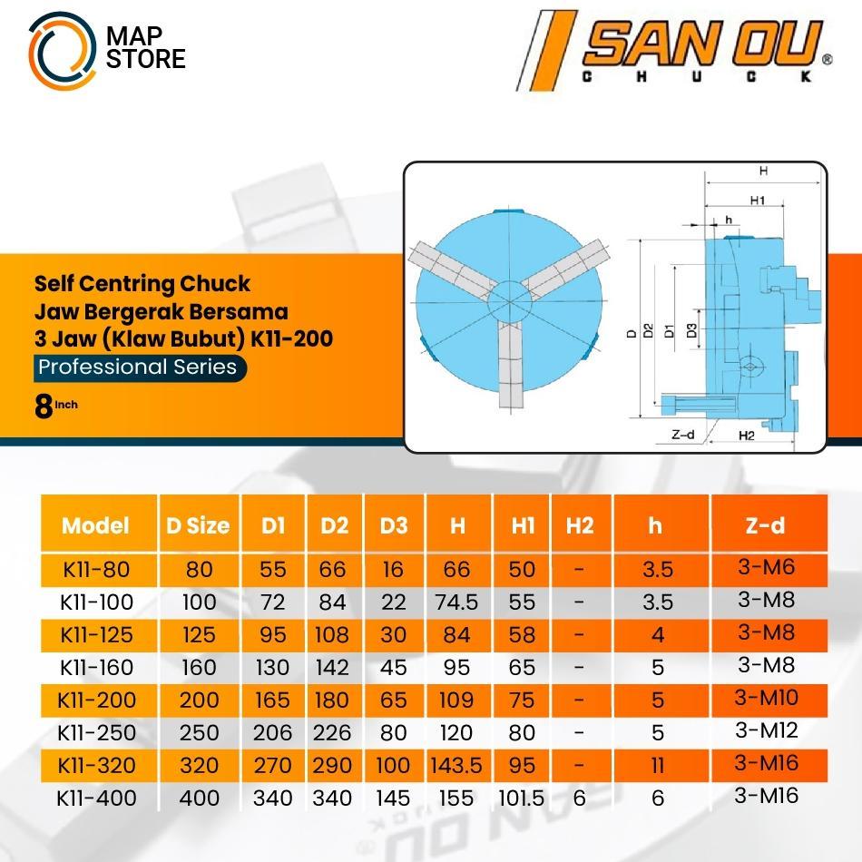 Chuck Bubut 8" 3 Jaw / Claw Bubut 3 Jaw / Catok Kepala Bubut 8 Inch