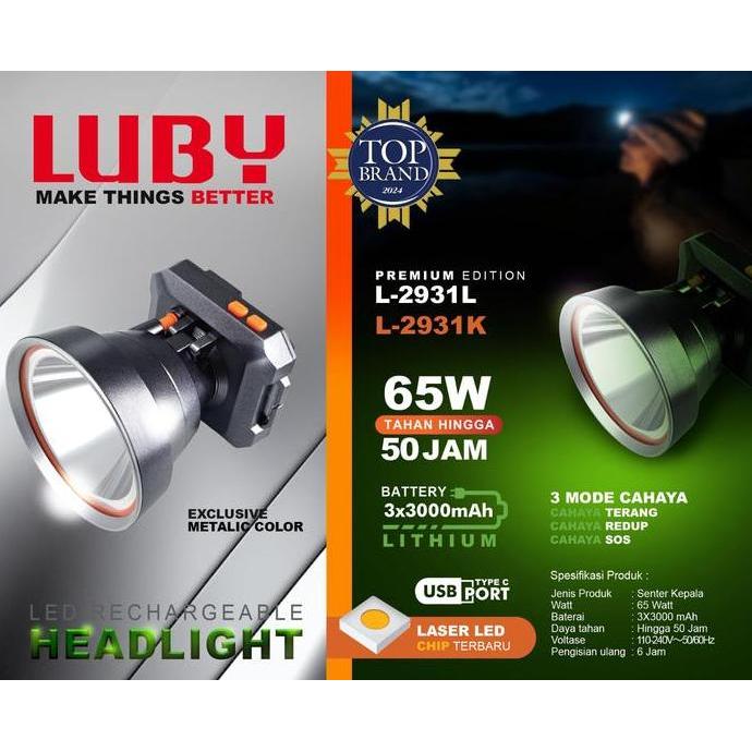 Promo Senter Kepala Led Laser Luby L-2931L 65Watt Baterai 9000Mah Tahan Hingga 50Jam - Waterproof