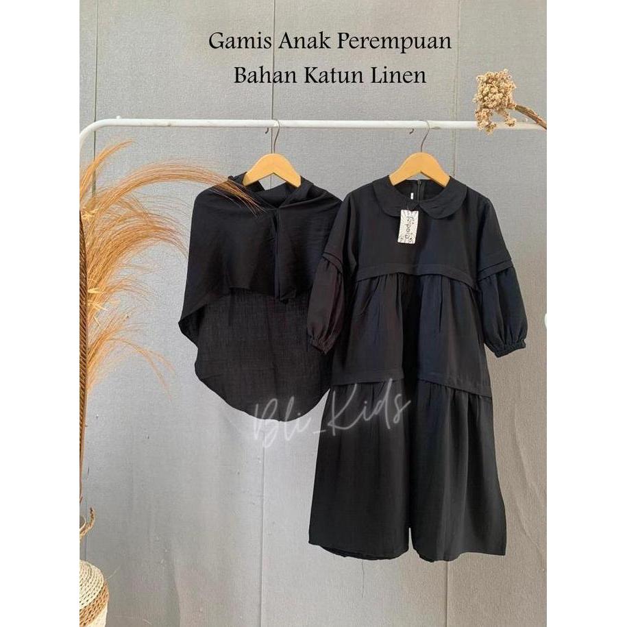 Termurah / Hot Sale Gamis Anak Perempuan Muslim Hitam Putih Free Kerudung Bahan Katun Linen Usia 3-1