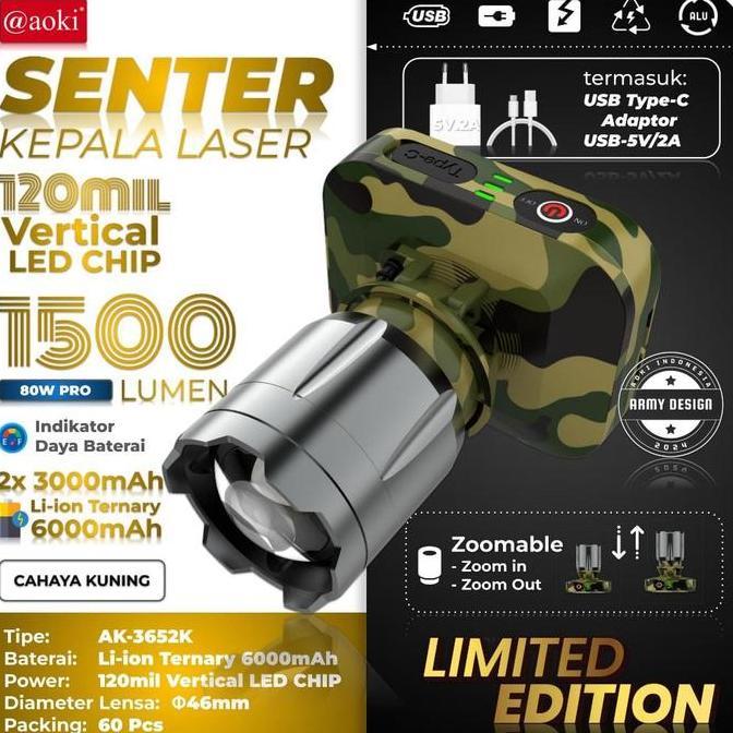 Grosir Senter Kepala Led Laser Aoki Ak-3695A 80Watt 1300 Lumen Dengan Baterai 6000Mah -Zoom Jarak Ja