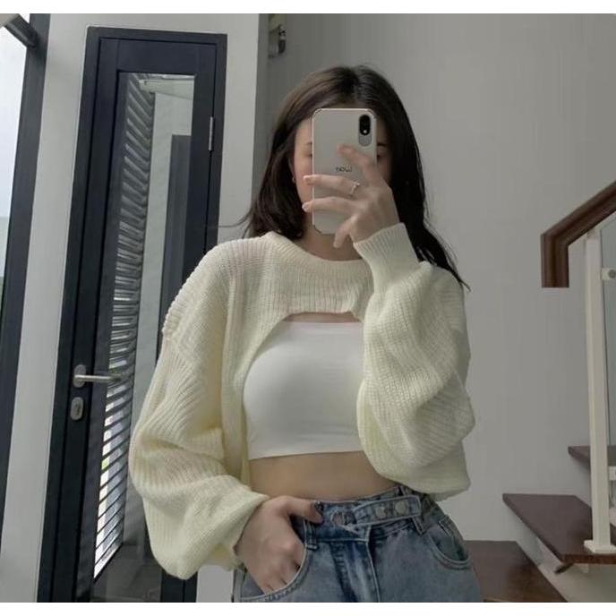 Murah Toply shop Cardigan crop lengan balon rajut tebal  / outer wanita rajut kekinian Non COD