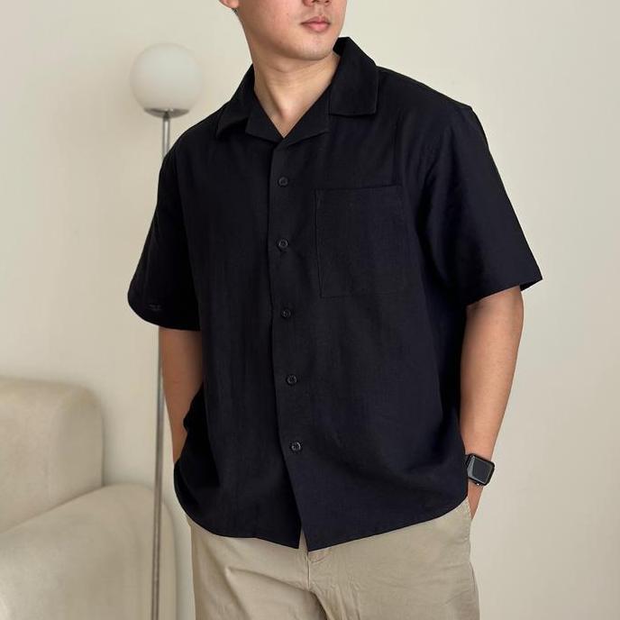 COZYCLUB CUBAN BOWLING Shirt Linen Premium | Kemeja Bowling Kerah Terbuka Lengan Pendek Baju Dark Gr