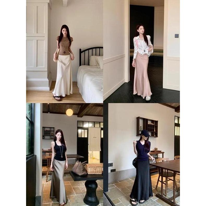 #LOVELIA Rok Bawahan Satin Silk Pinggang Tinggi bagian bawah Duyung Rok Crush Apricot French acetate