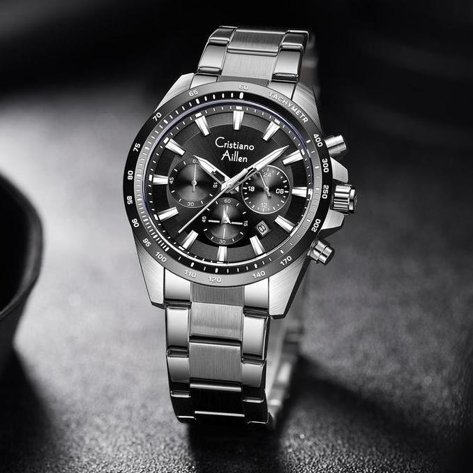 Cristiano Aillen JamTangan Pria Analog 8891 Rantai Stainless Steel Chronograph Kaca Sapphire Water R