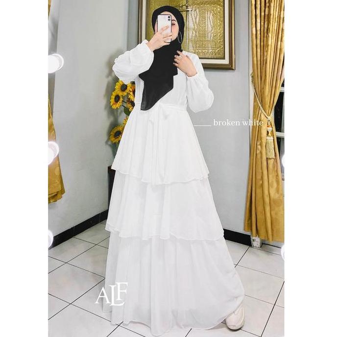 READY Alfaina Jelita Dress Gamis Wanita Susun Ceruty Babydoll Muslim Putih G00D QU4LITY