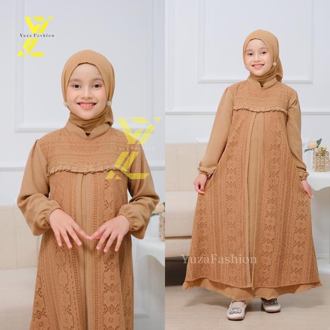 OOTD Gamis Anak Aleena Kids / Gamis Crinkle Airflow Mix Brukat Set Jilbab / Gamis Brokat Malika Mewa
