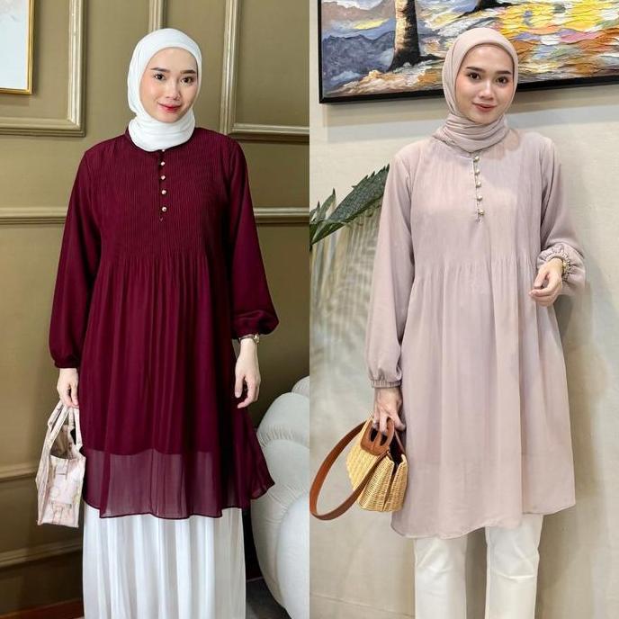 BELLE PLEATED TUNIC | Pleated Long Tunic | Tunic Plisket Wanita Premium | Tunic Korean Look | Tunik 