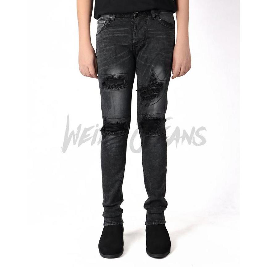 Weird Jeans - Austin Black - Celana Jeans Pria Slimfit Strech Ripped Tambal Denim Nyaman Stretch