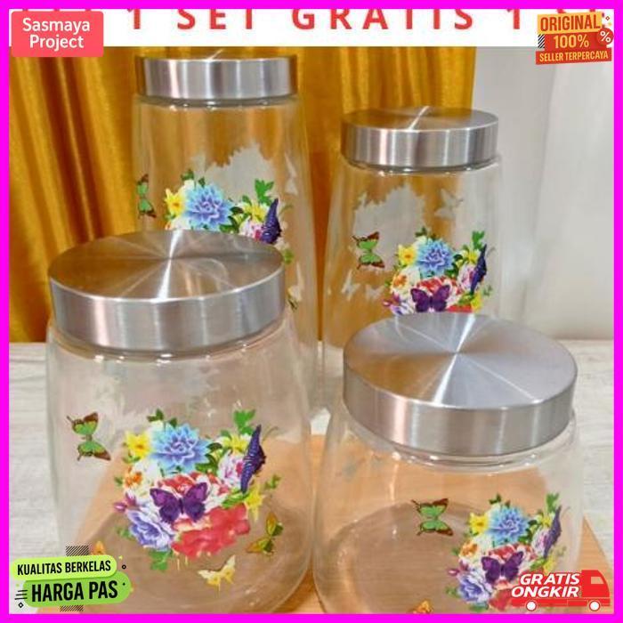 Quality Mossiva Toples Kaca Beli 1 Set Gratis 1 Set Premium 4Pcs Motif Bunga / Toples Lebaran / Baha