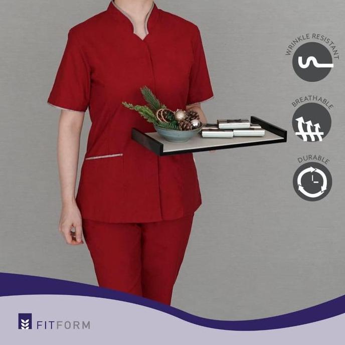Seragam Suster FITFORM - Maroon Mandarin Collar with Trim