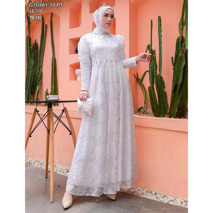 Gamis Brokat Kombinasi Tile Payet Putih 70481 39 8 Baju Muslim Vima Mewah