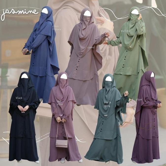 JASMINE Set Gamis Malaysia Premium Grey Kancing Kantong Karet  Muslim Panjang