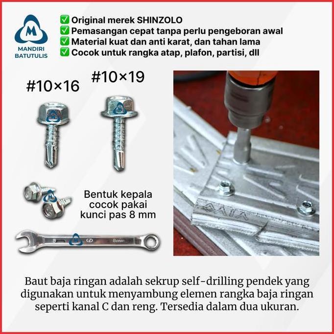 Baut Baja Ringan SHINZOLO #10x16 #10x19 - Skrup Baja Ringan ZOLO - Baut Roofing Screw (TERBAIK) (TER