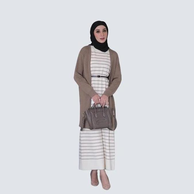 Long Dress Rajut Wanita Basic Inner Span Strip Tanpa Lengan - 2 ukuran Casual Garis