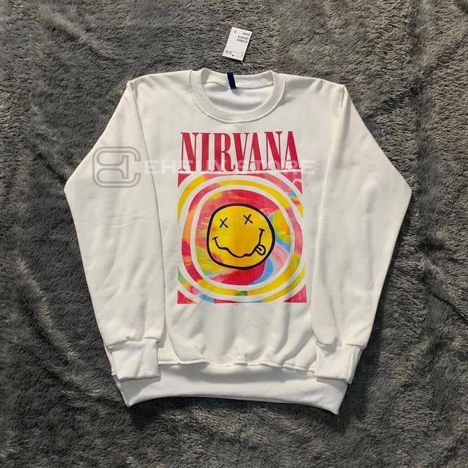 Langsungaja- Crewneck Nirvana Putih Tulang Logo Motif Printed Atasan Crewneck Pria Wanita Nirvana Br