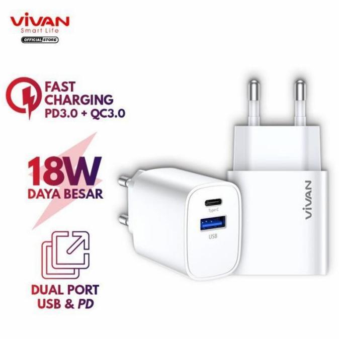 TERBARU - Vivan Charger 18 W Dual Port - Charger Vivan Power Turbo 18 QC 3.0+PD