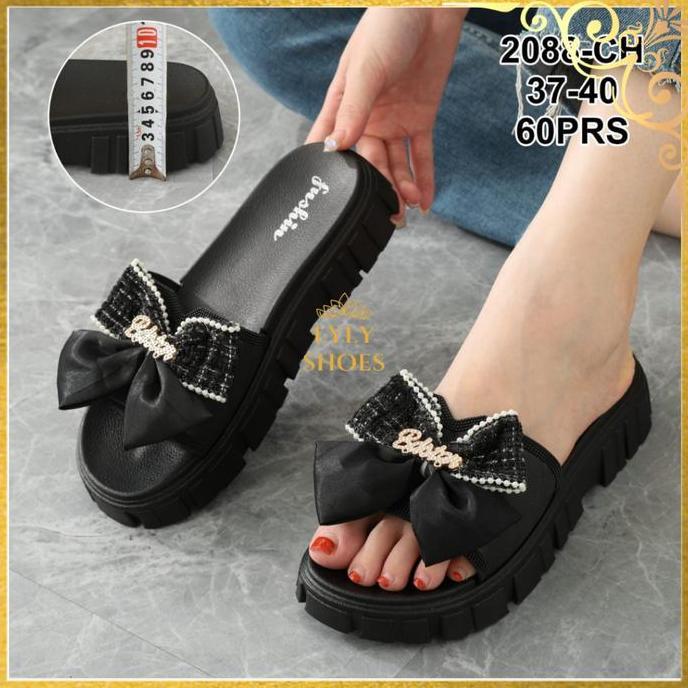 Sandal Selop Karet Wanita Hak 5 CM Fushin Motif Pita Hak Sedang 2088 Jelly Open Toe Wedge Sendal