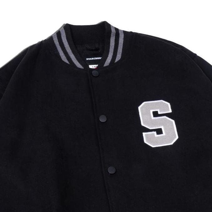 jaket varsity pria, jaket starcross original, varsity jacket hitam, jaket pria streetwear, jaket cas