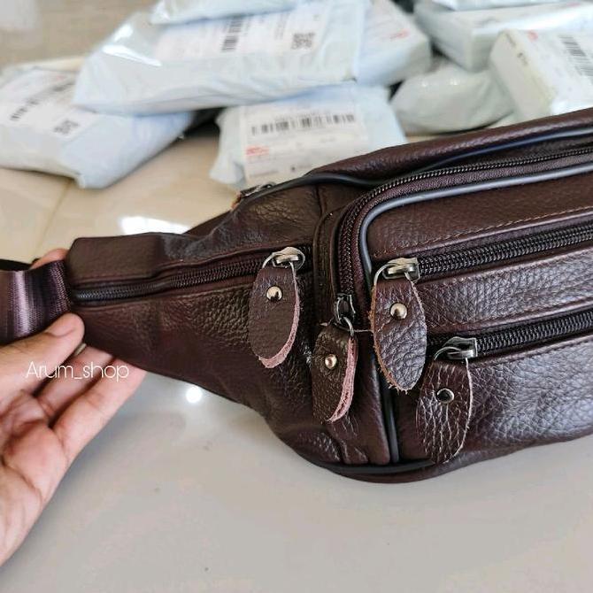 DISKON Tas selempang pria full kulit asli 7 kantong resleting DISKON